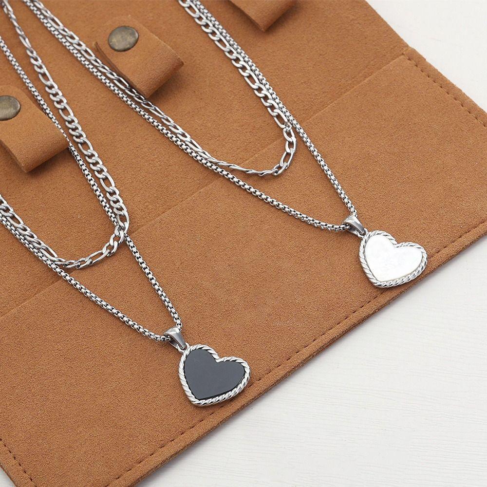 Titanium Steel Double Stacked Neck Chain Sweet Charm Heart Clavicle Chain  Female Lady Girl