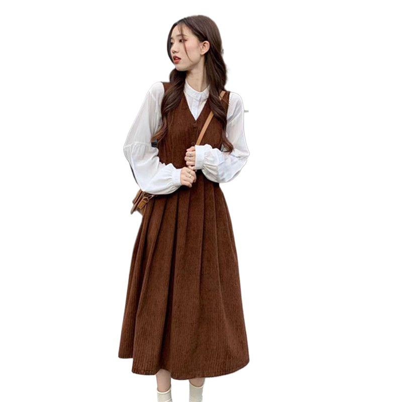 Women's Sweet Corduroy Dress & Top Set - Preppy Style, Autumn Fashion, Waist-Hugging Skirt, Two-Piece