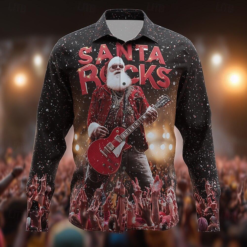 Christmas Men's Santa Claus Rock Guitar Shirt Button Up Shirt Long Sleeve Funny Christmas Gifts Spring 3D Print Collared Shirts