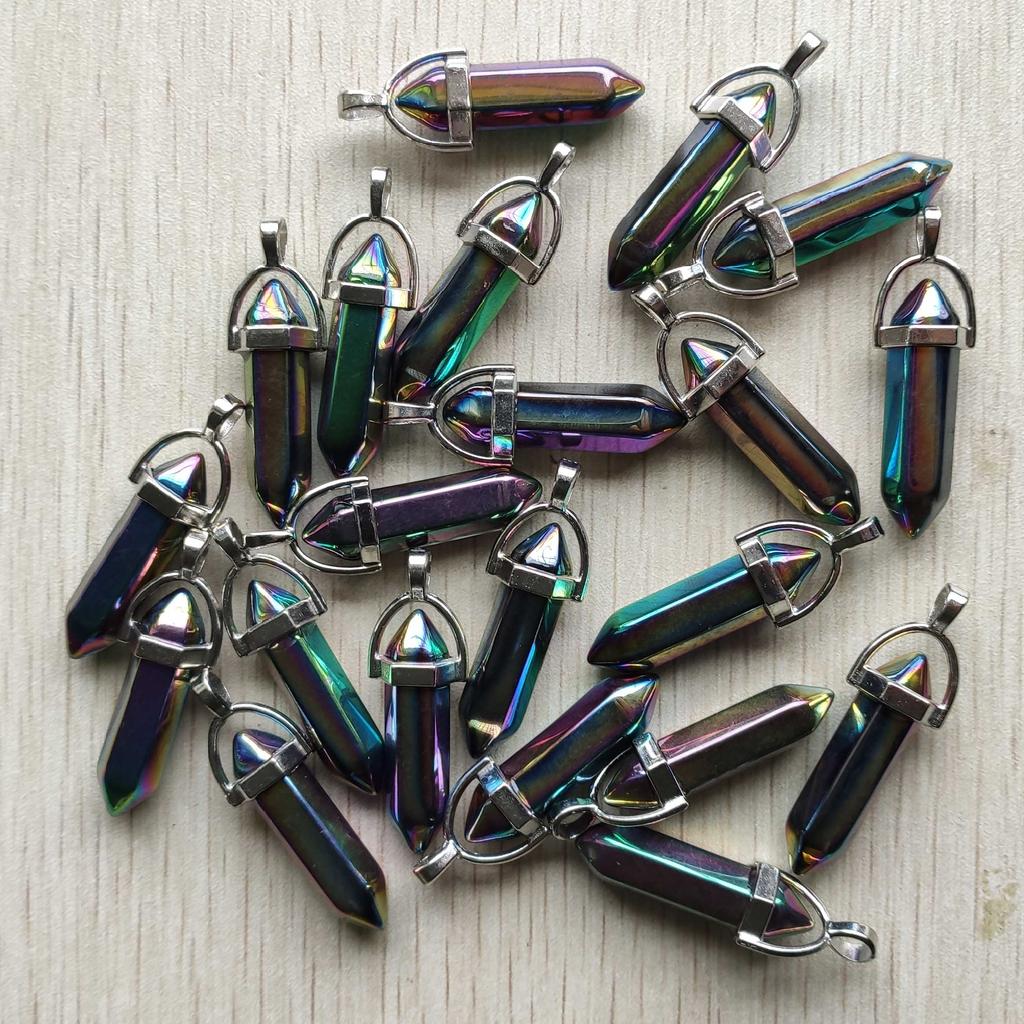 Natural stone quartz aventurine lapis crystal hexagonal pillar Pendants for Jewelry accessories 12pcs