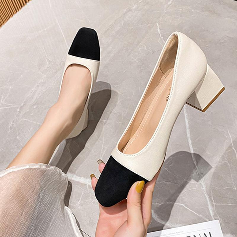Fashion Square Toe Mixed color high heels shoes woman  designer soft leather pumps thick heel OL tacones female chunky work shoes