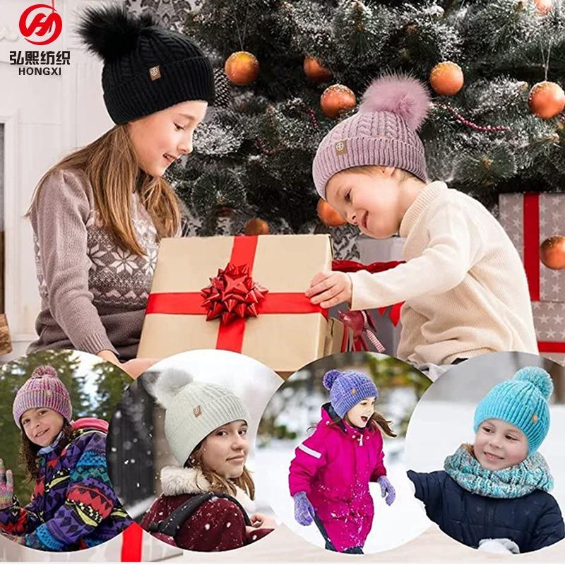 Winter middle-aged and older children's hairball hat, scarf, gloves, three-piece set, plush warm knitted children's gloves
