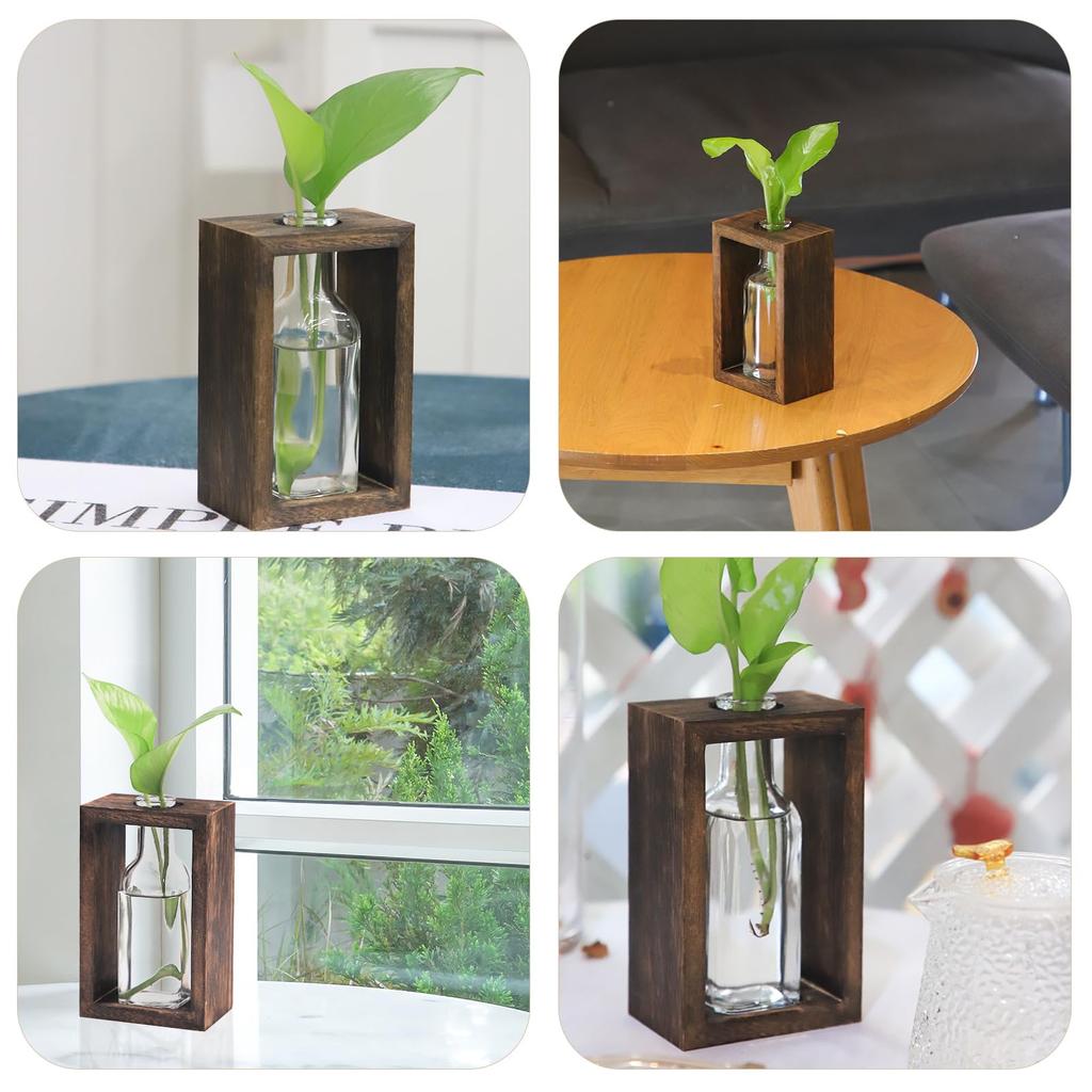 OFFIDIX Hydroponic Glass Vase Flower Base Wooden Frame Stylish Tabletop Vase Home Office Decoration