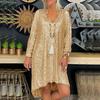 V-Neck Long Sleeve High-low Hem Autumn Dress Shiny Sequins Plus Size Casual Dress