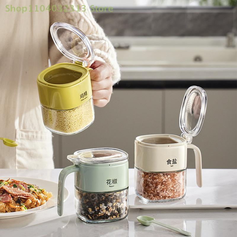 Simple Light Luxury Seasoning Box With Spoon,Food Grade Thickened Lead-free Glass,Transparent Flip Design, Comfortable Handle