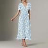 Women's Summer Floral Bohemian Dress Wrap V Neck Short Sleeves Ruffle A-Line Flowy Maxi Dress Summer Dresses For Women