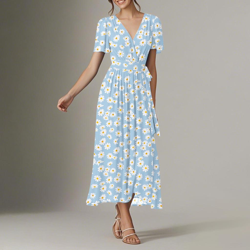 Women's Summer Floral Bohemian Dress Wrap V Neck Short Sleeves Ruffle A-Line Flowy Maxi Dress Summer Dresses For Women