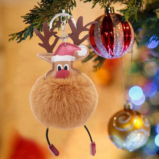 Christmas Deer Keychain Cute Reindeer Pom Pom Keyring Faux Fur Fluffy Plush Ball Charm for Handbag Backpack Purse Accessory