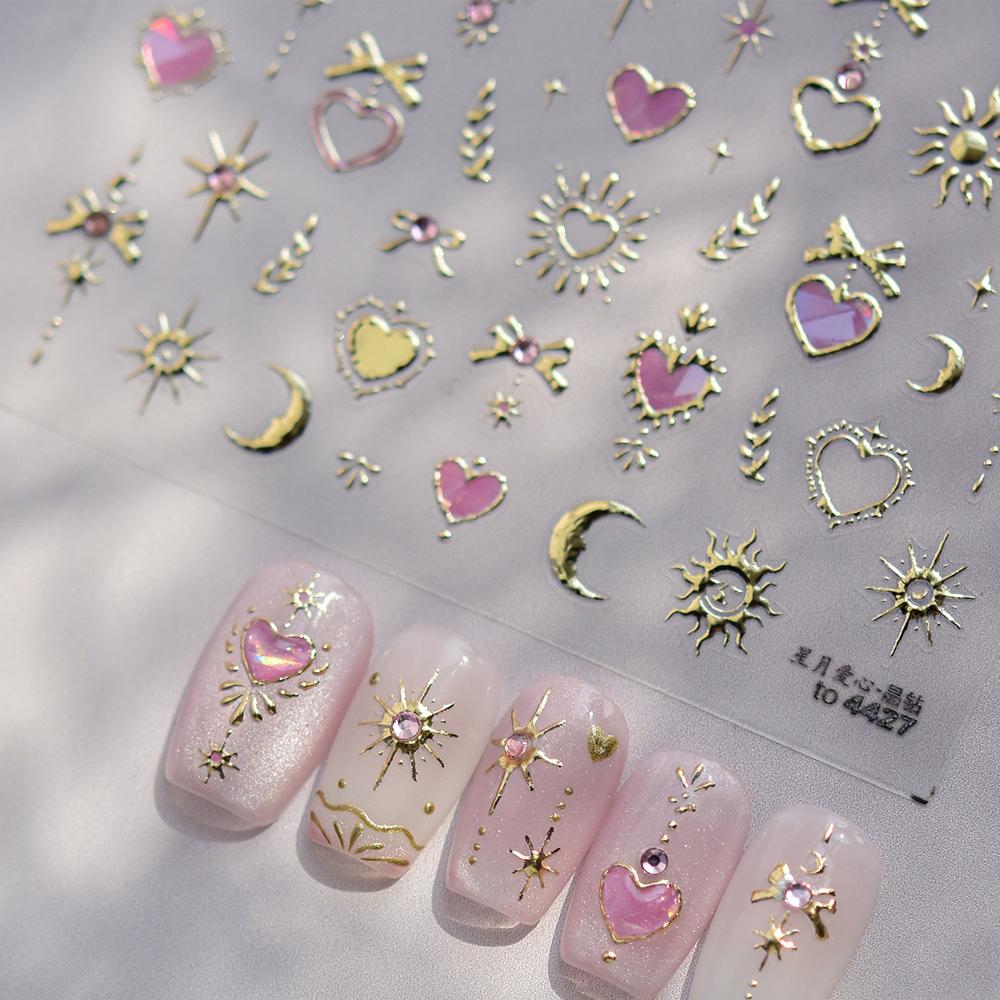 5D Gold Stamping Butterfly Vintage Border Nail Art Stickers Hearts Stars Moon Shiny Metal Elegant Self Adhesive Manicure Decal