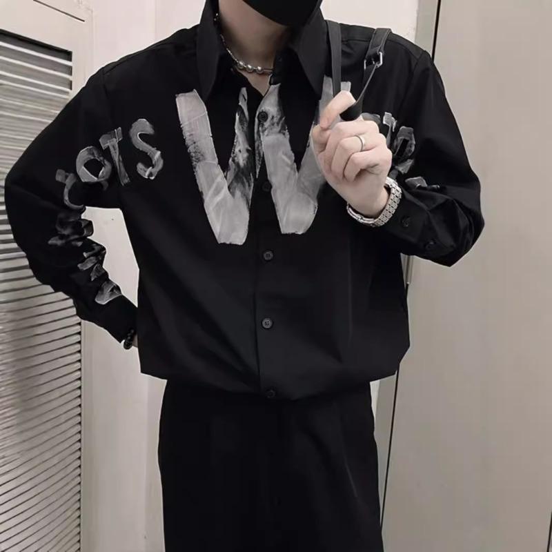 Men s Graffiti Letter Print Long Sleeve Shirt Streetwear Loose Casual Button Down Top S чёрный