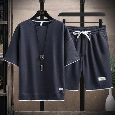 Men's Waffle Summer Sets  Casual T-Shirt+Shorts Set Male Sports Suit Solid Color Tracksuit Loose Suits