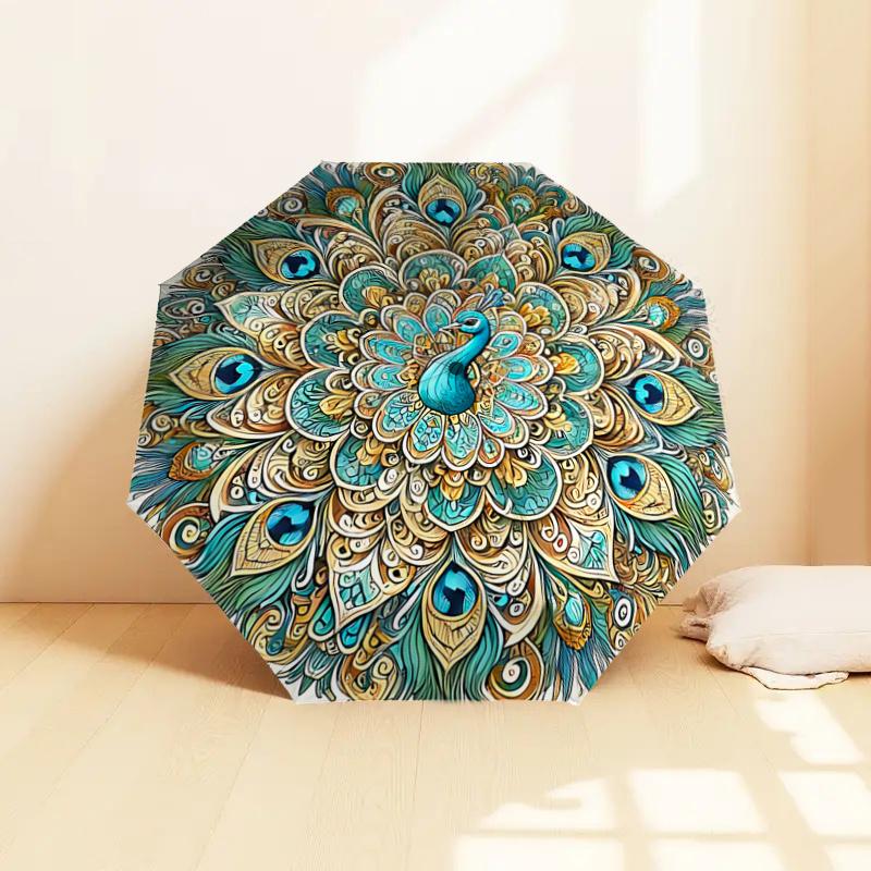 Peacock Feather Mandala Automatic Opening Folding Umbrella - 8 Bone Iron Frame, Suitable for Fans, Travel, Daily Use, Gift for Outdoor Enthu