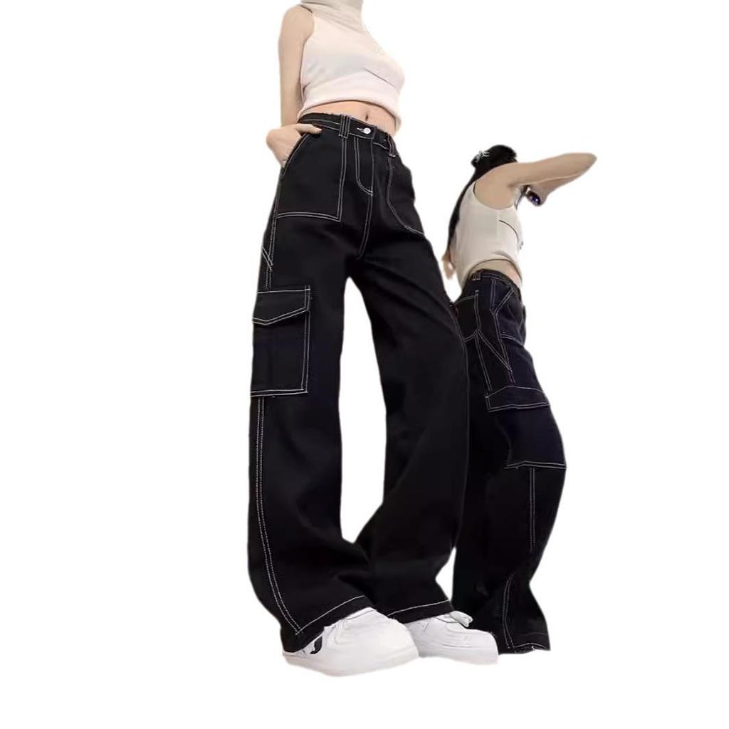 Women's 2024 Spring/Summer PUNK Exposed Seam Denim Jeans - Multi-Pocket Cargo Pants