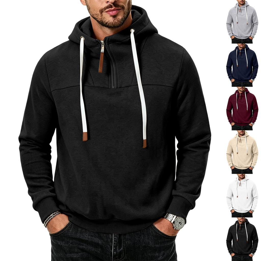 Men's Casual Hooded Sweatshirt Loose Fit Pullover Half Zip Patchwork Design Long Sleeve Pullover for Autumn Winter