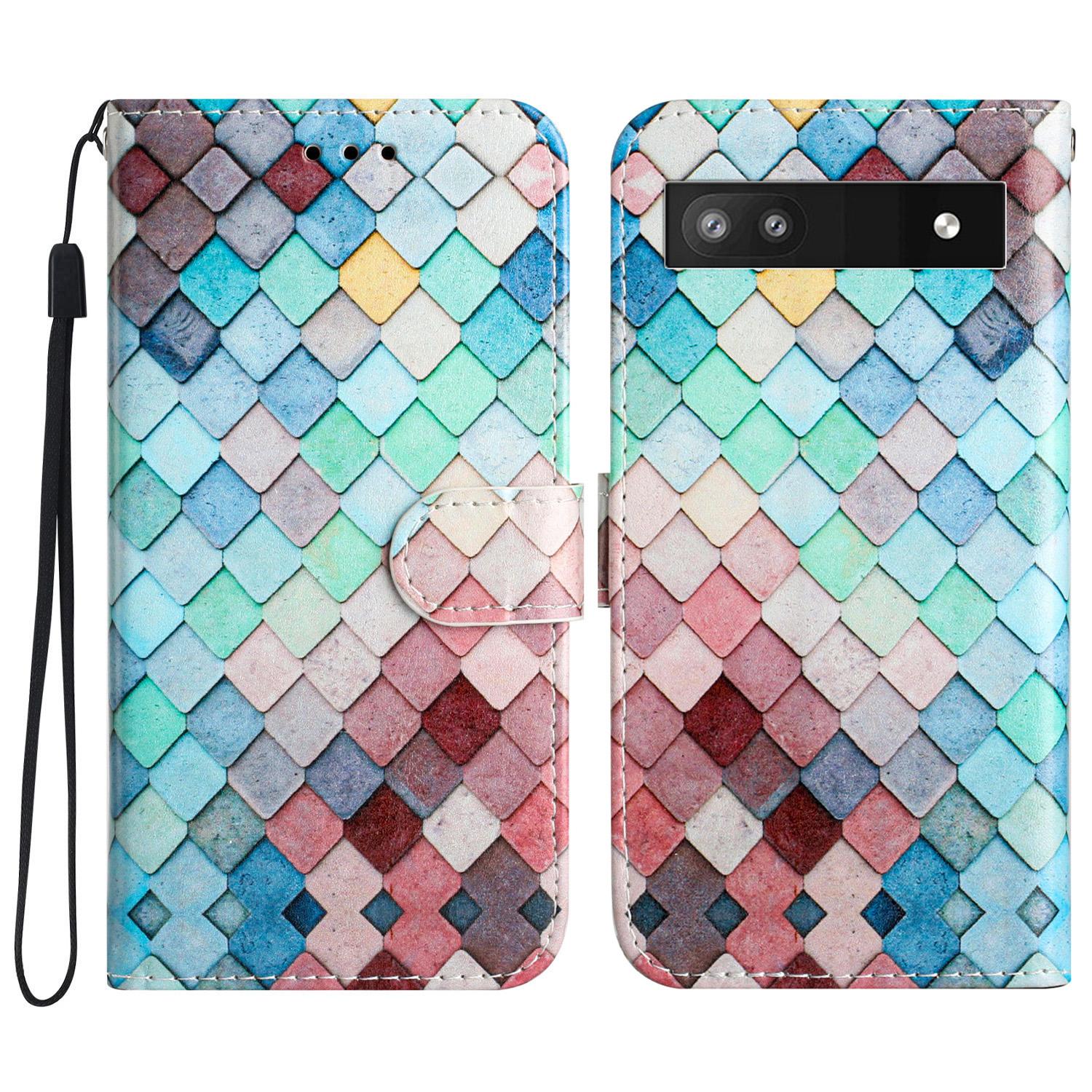 

For Google Pixel 7a Wallet Phone Case PU Leather Pattern Printing Stand Phone Cover with Strap Colorful Grid