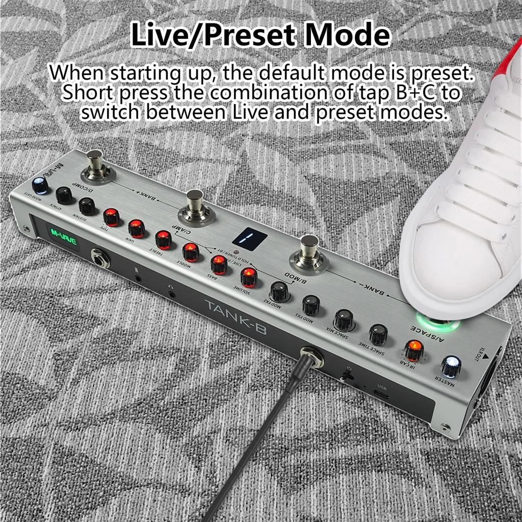 WOYUE Bass Multi-Effect Pedal 3-Band Equalizer XLR Balanced Output 3 Delays 3 Reverbs Bluetooth Type-C Rechargeable Electric Bass