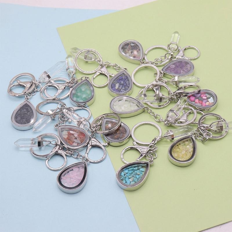 Natural Stone Crystals Teardrop Shape Photo Locket Keychain Featuring Diamonds Cut Designs for Sentimental Gifts