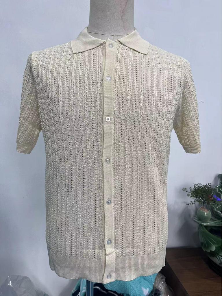 Men's Summer Cool Knit Short Sleeve Collared Shirt - Solid Color, Breathable, Hollow Out Design