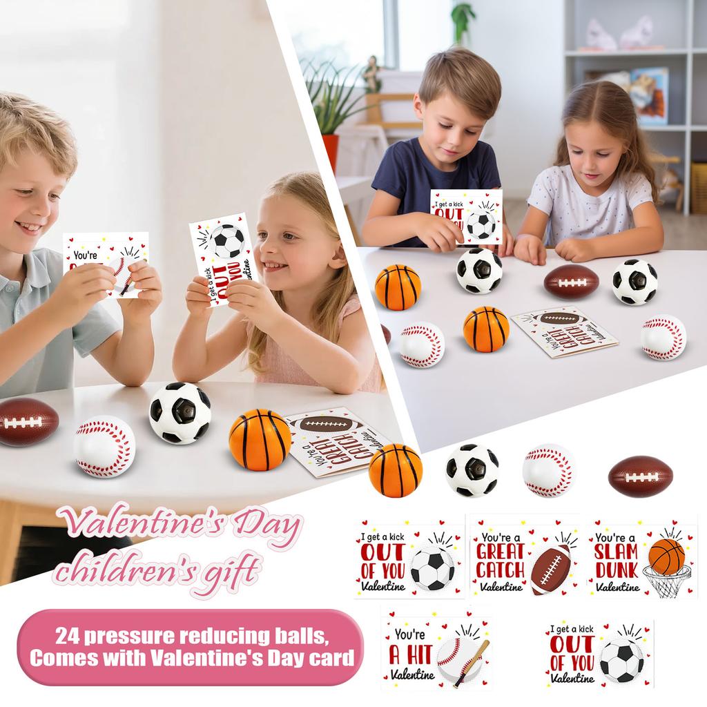 Alla hjärtans dag Barnpresent: Ett paket med 24 stressbollar med ett gratis Alla hjärtans dag-kort, lämpligt för både pojkar och flickor.