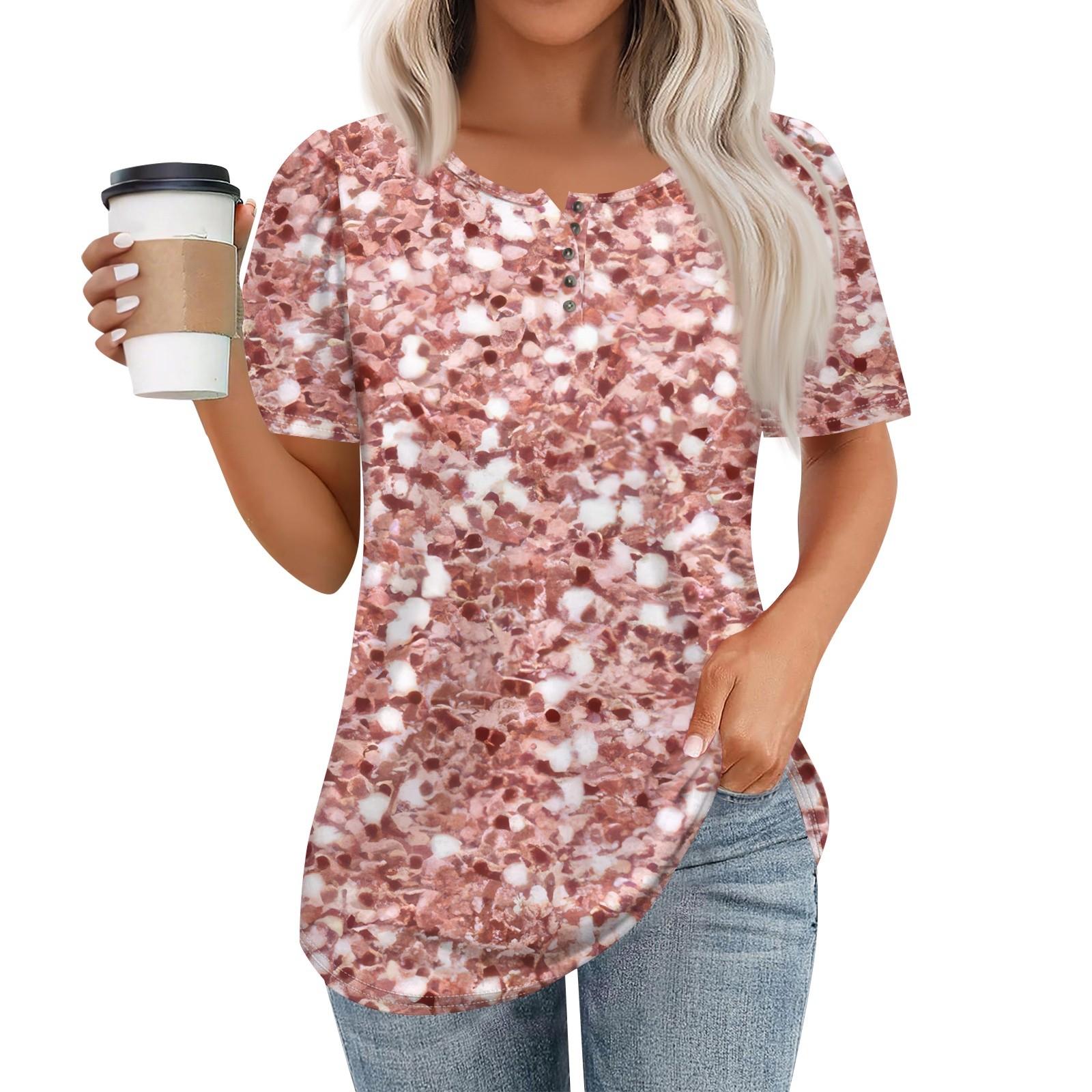 

Женский модный повседневный короткий рукав пуловер с принтом на пуговицах и круглым вырезом L