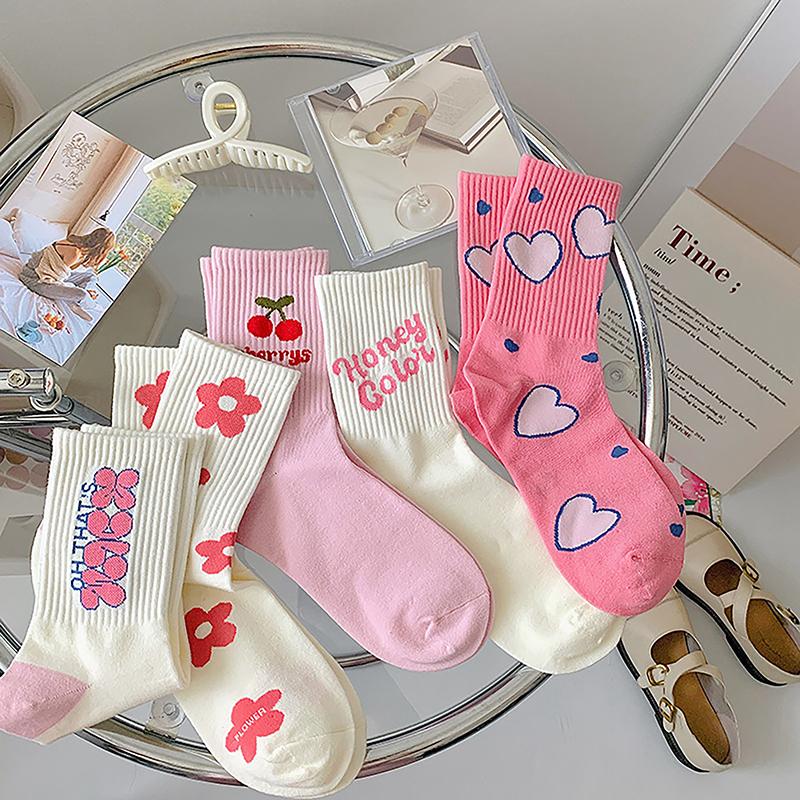 Pink Flower Women Socks  Cute Sweet Harajuku Cotton Socks Casual Korea Japanese Kawaii Girls Calcetines