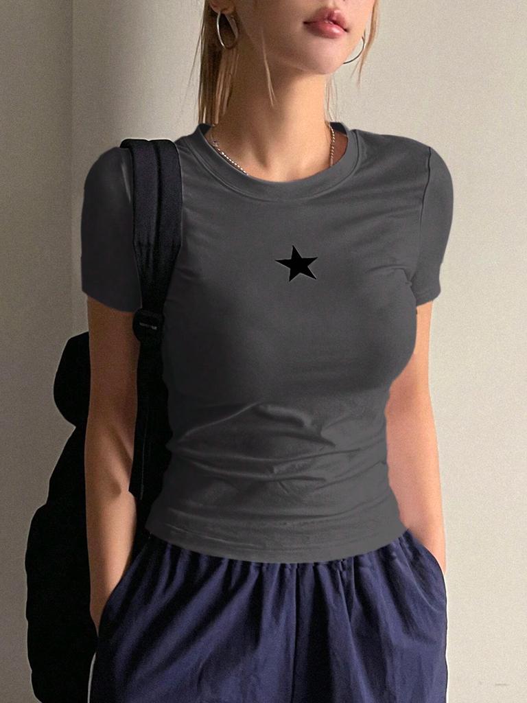 Women Summer T Shirt Black Star Print Tee Casual Short Sleeve Crew Neck Top Fashion Y2K Streetwear For Ladies Trendy Top