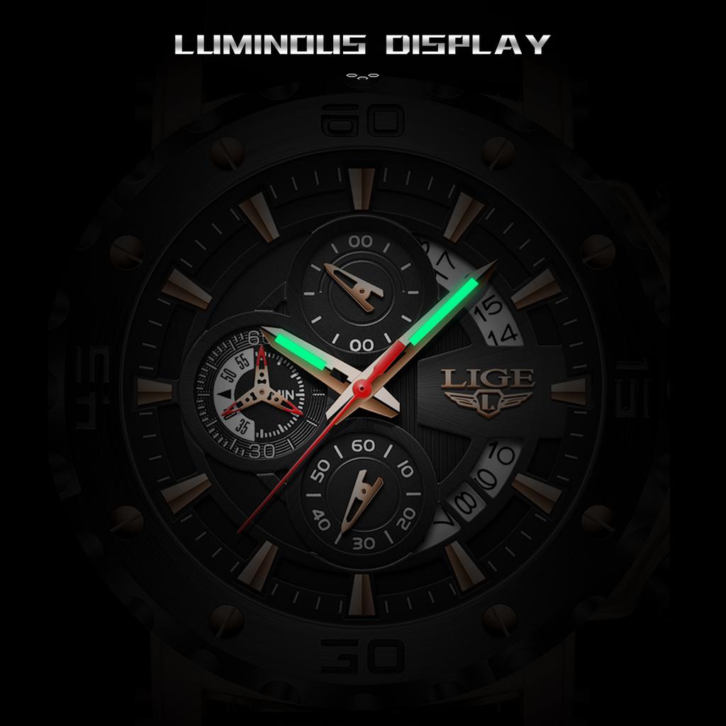 LIGE mens wristwatch luxury chronograph luminous quartz calendar silicone strap fashion business casual male watches reloj