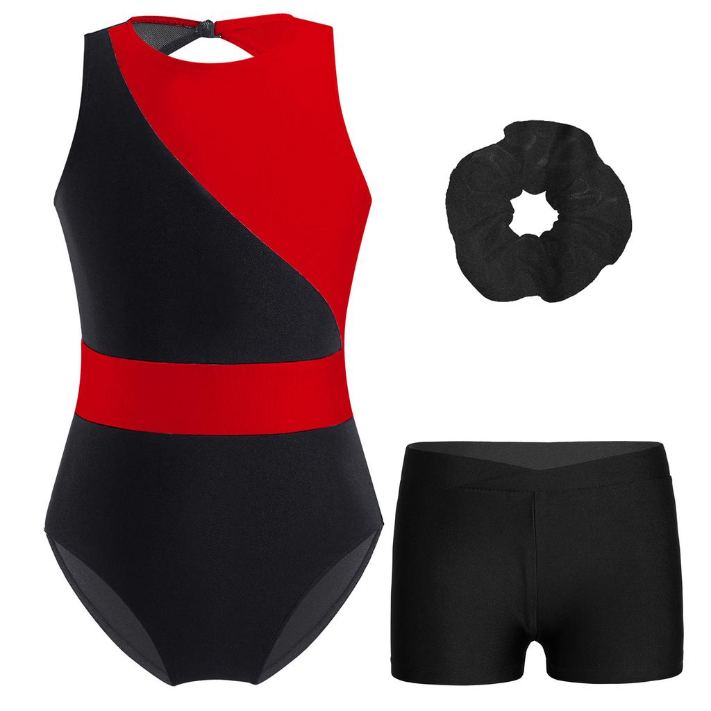 Girls Gymnastics Outfit Sparkly Rhinestones Sleeveless Keyhole Back Leotard with V Front Shorts