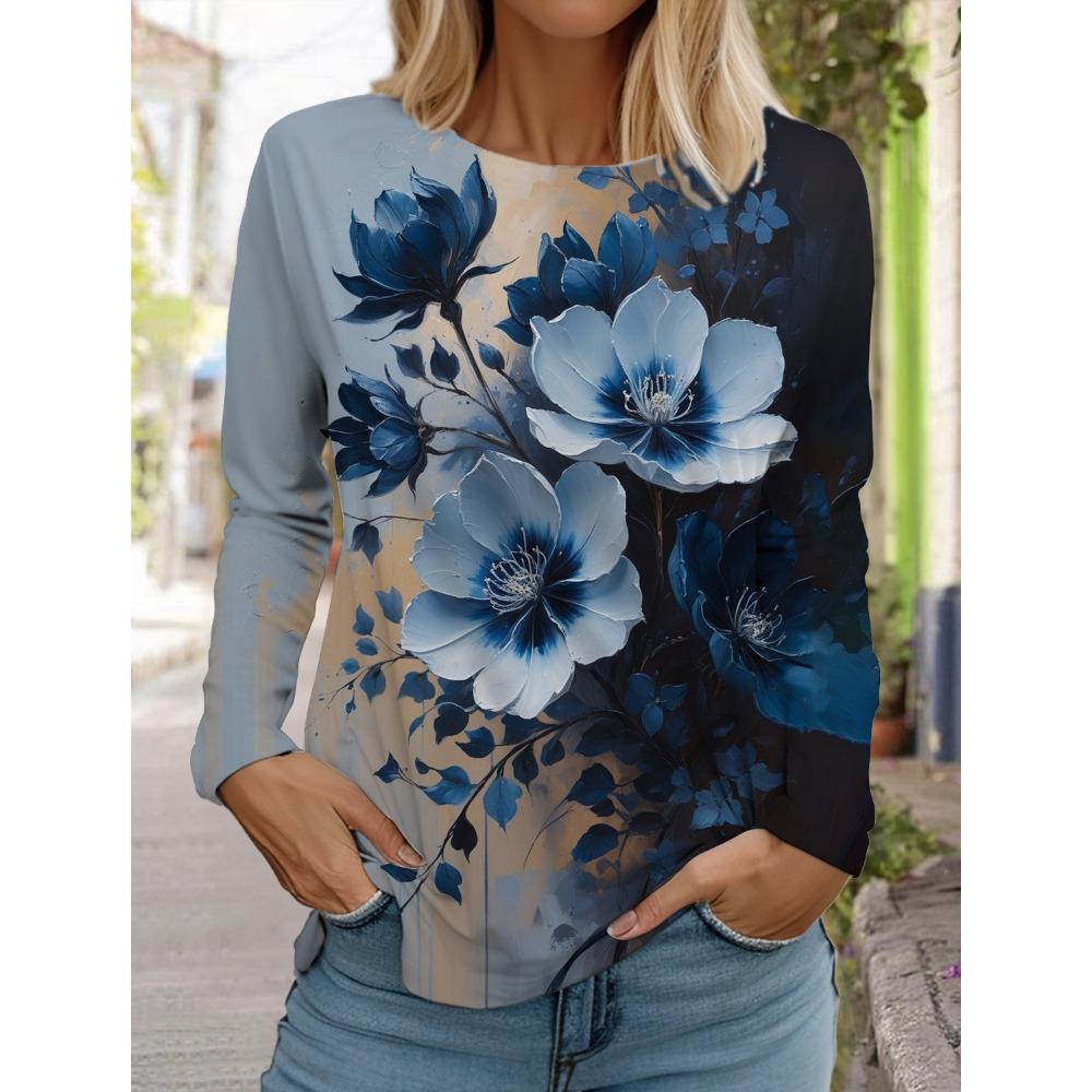 Women's 3D printed flower T-shirt, fashionable long sleeved round neck regular top, holiday weekend blue spring and autumn outfit