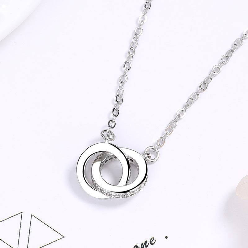 Simple Micro Inlaid Zircon Double Interlocking Circle Pendant Clavicle Necklace For Women