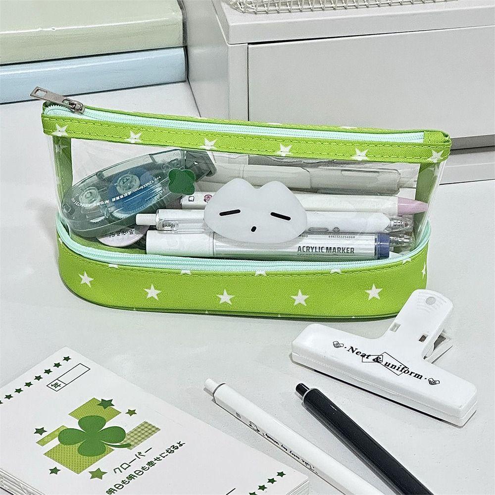 Durable Transparent Pen Bag Star Kitten Pattern Double Layers Pencil Case Vertical Base Stationery Organizer Students