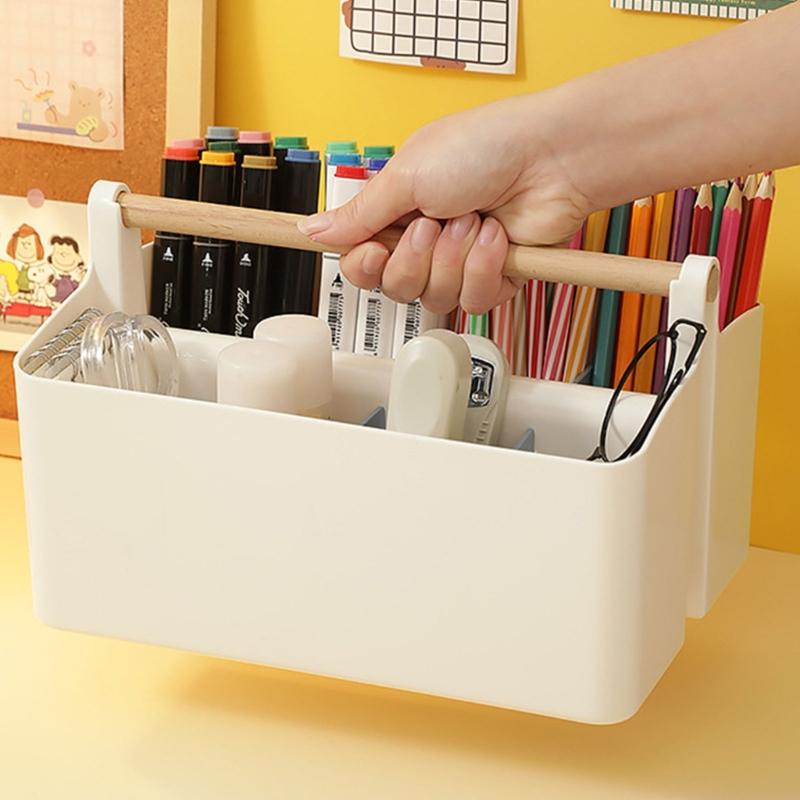 Practical Storage Box with Wooden Handle Multi Compartment Table Storage Box for Sorting Stationery Notebooks Folders