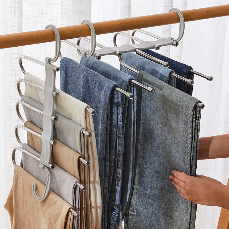 Five-Layer Multifunctional Folding Pants Hanger with Non-Marking Clips for Wardrobe Storage