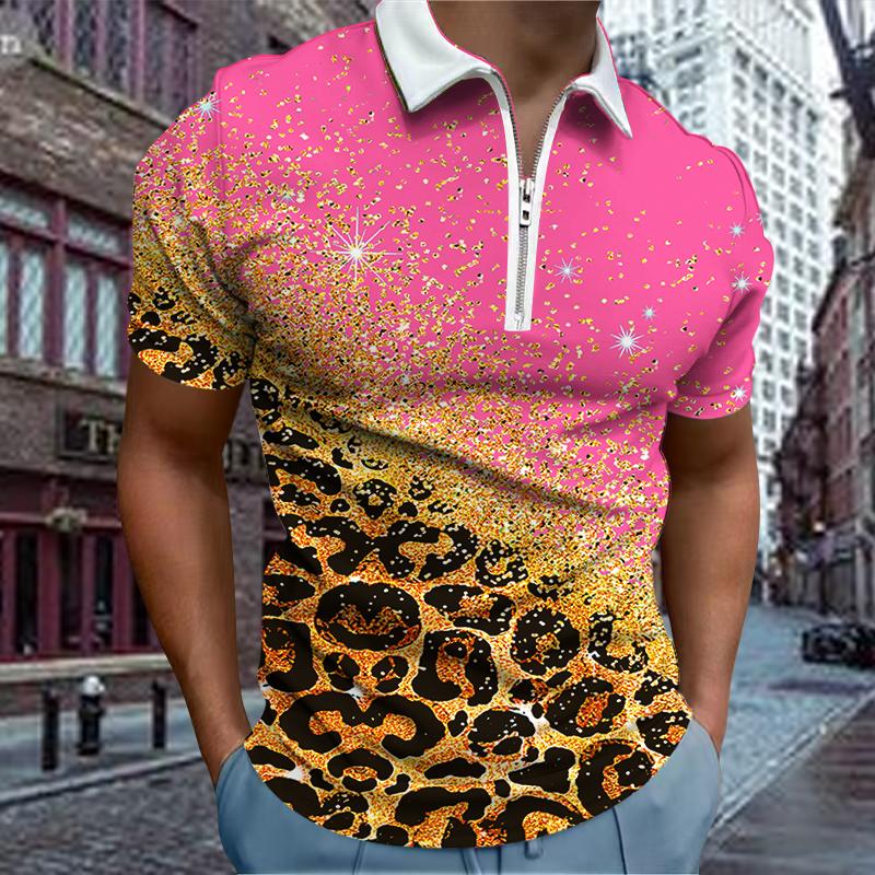 Lässiges Revers-T-Shirt Herrenmode Reißverschluss-T-Shirt Kurzarm-T-Shirt Herren 3D Leopard Glitzerdruck T-Shirt