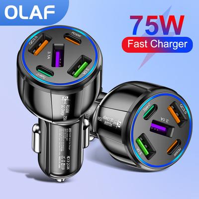 Olaf-cargador de coche de 5 puertos, 75w, carga rápida 3,0, Usb tipo C, adaptador de carga para Iphone 14, 13, 12, Xiaomi, Huawei y Samsung