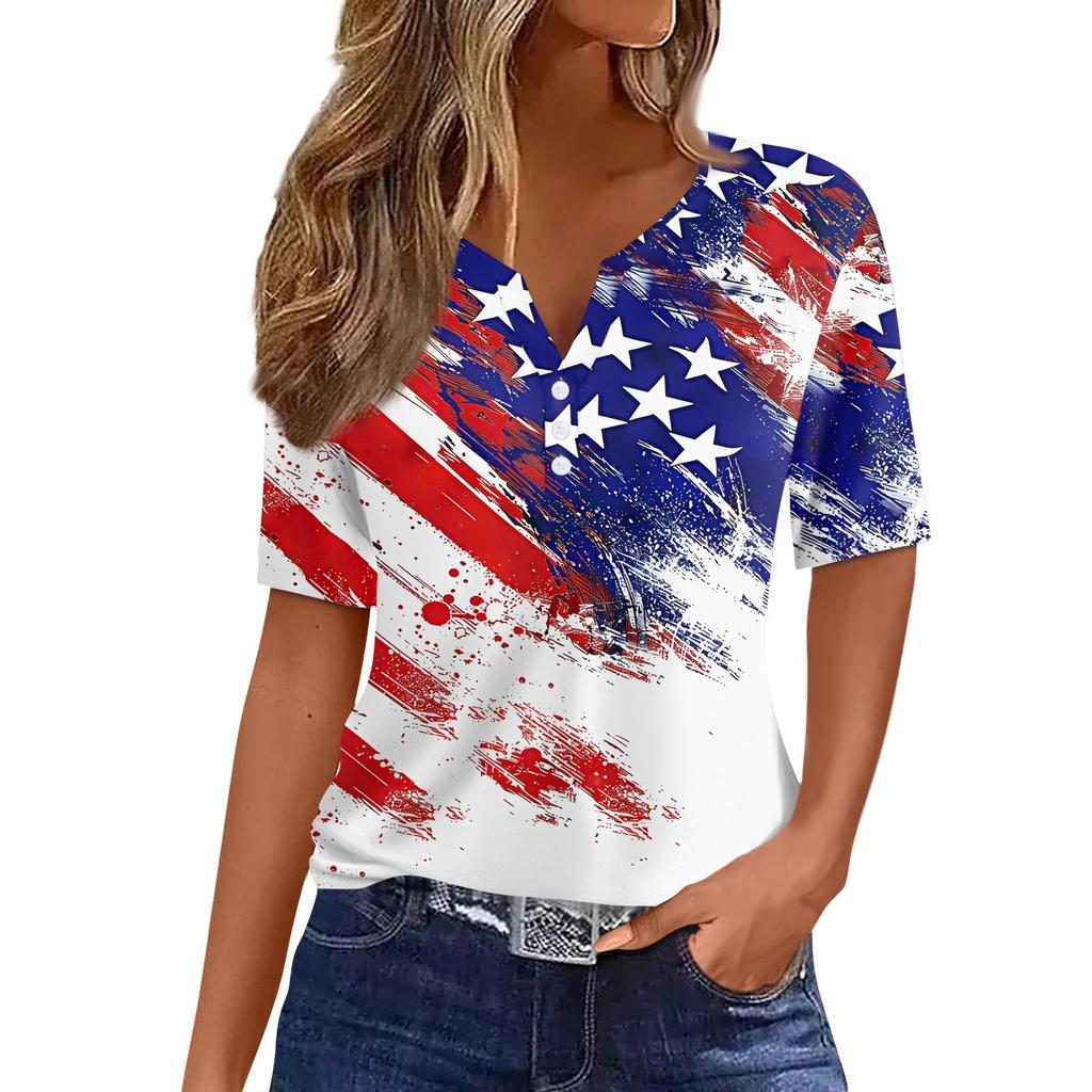 Women's T Shirt Independence Day Print Button Short Sleeve Daily Weekend Fashion Basic V- Neck Regular Top