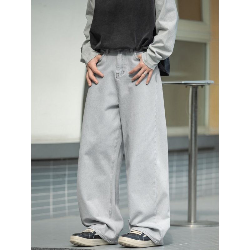 Wassup Glacier Blue American Retro Washed Jeans Men's Casual Straight Pants Distressed High Street Wide Leg Long Pants