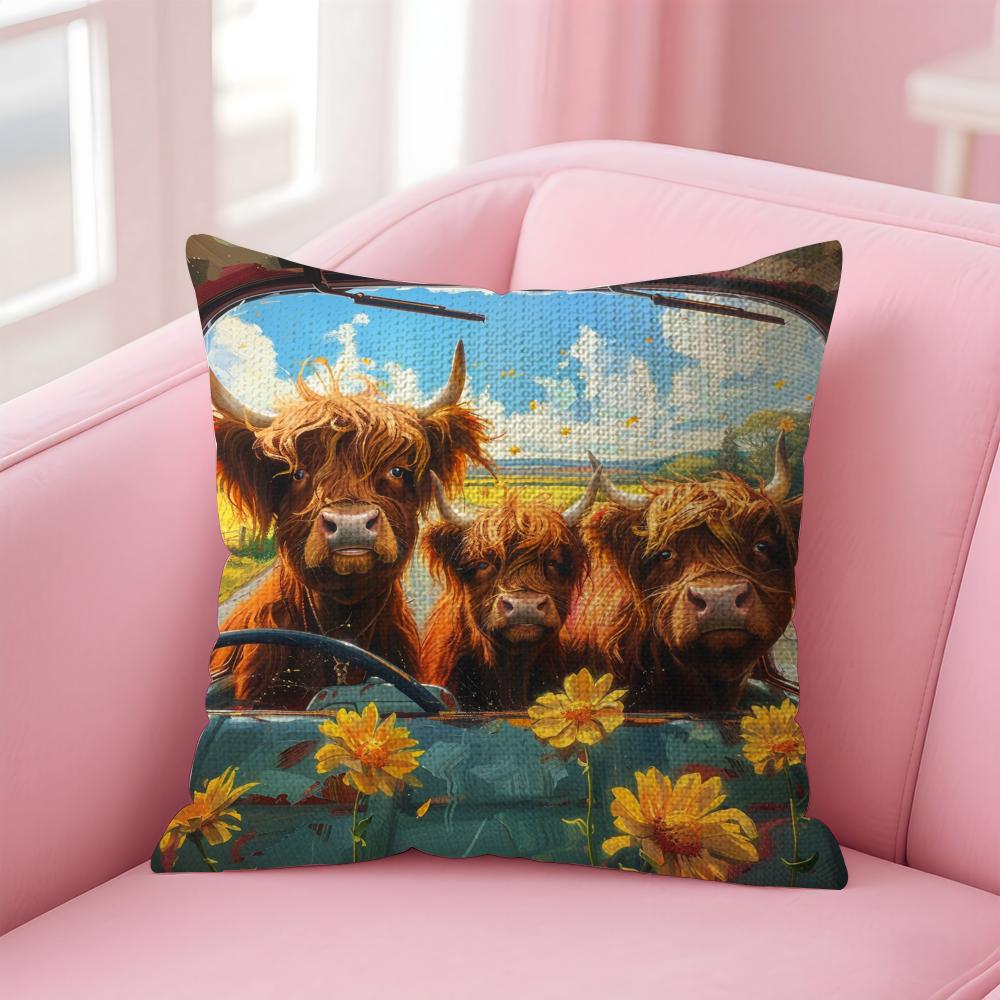Highland Cow Pattern Cushion Cover Natural Linen Pillow Case DoubleSided Print Decorative Sofa Pillowcase Home Decor Gift