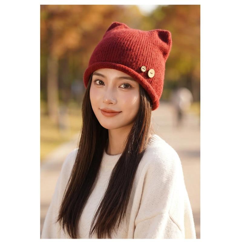 Japanese Sweet Style Cat Ear Button Beanie Knit Hat For Autumn Winter