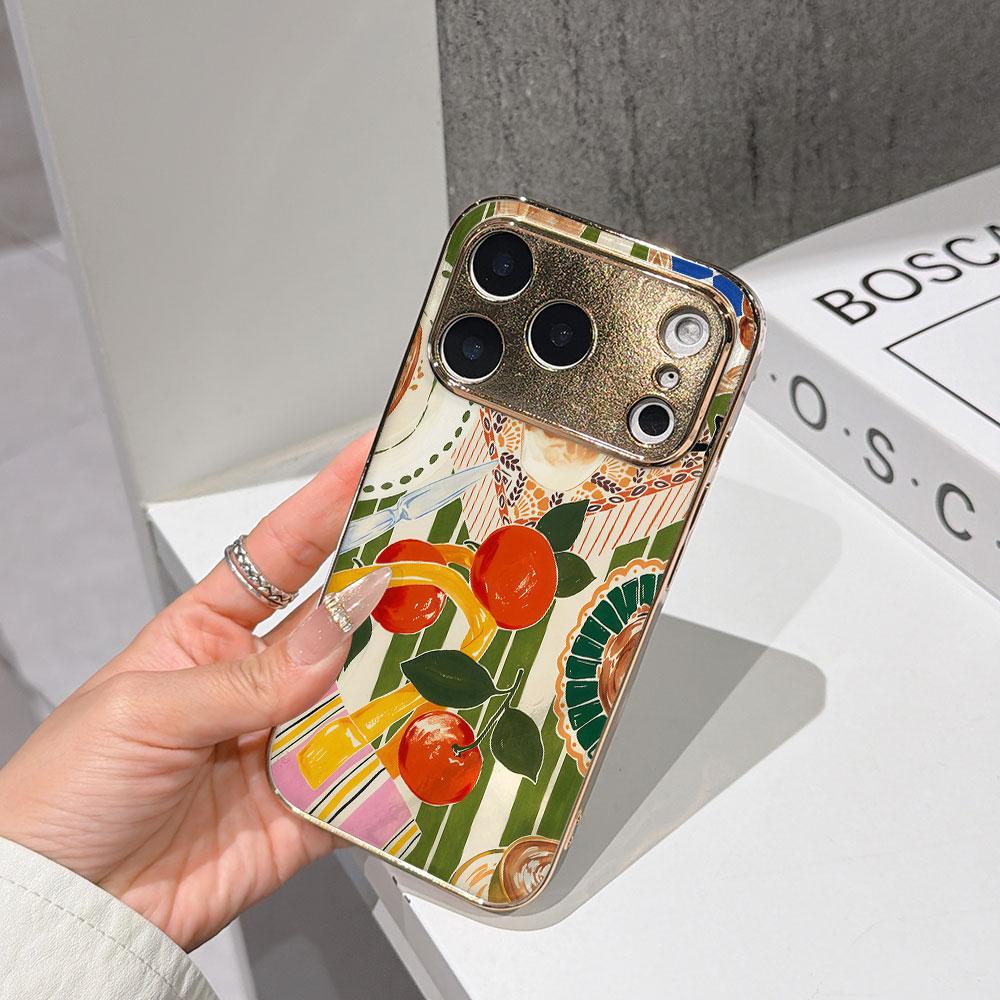 Lucky Start Phone Case For iPhone 17 16 15 14 13 12 11 Pro Max 16E Gold Electroplated glass shell  Citrus Picnic Cover IPHONE13PROMAX