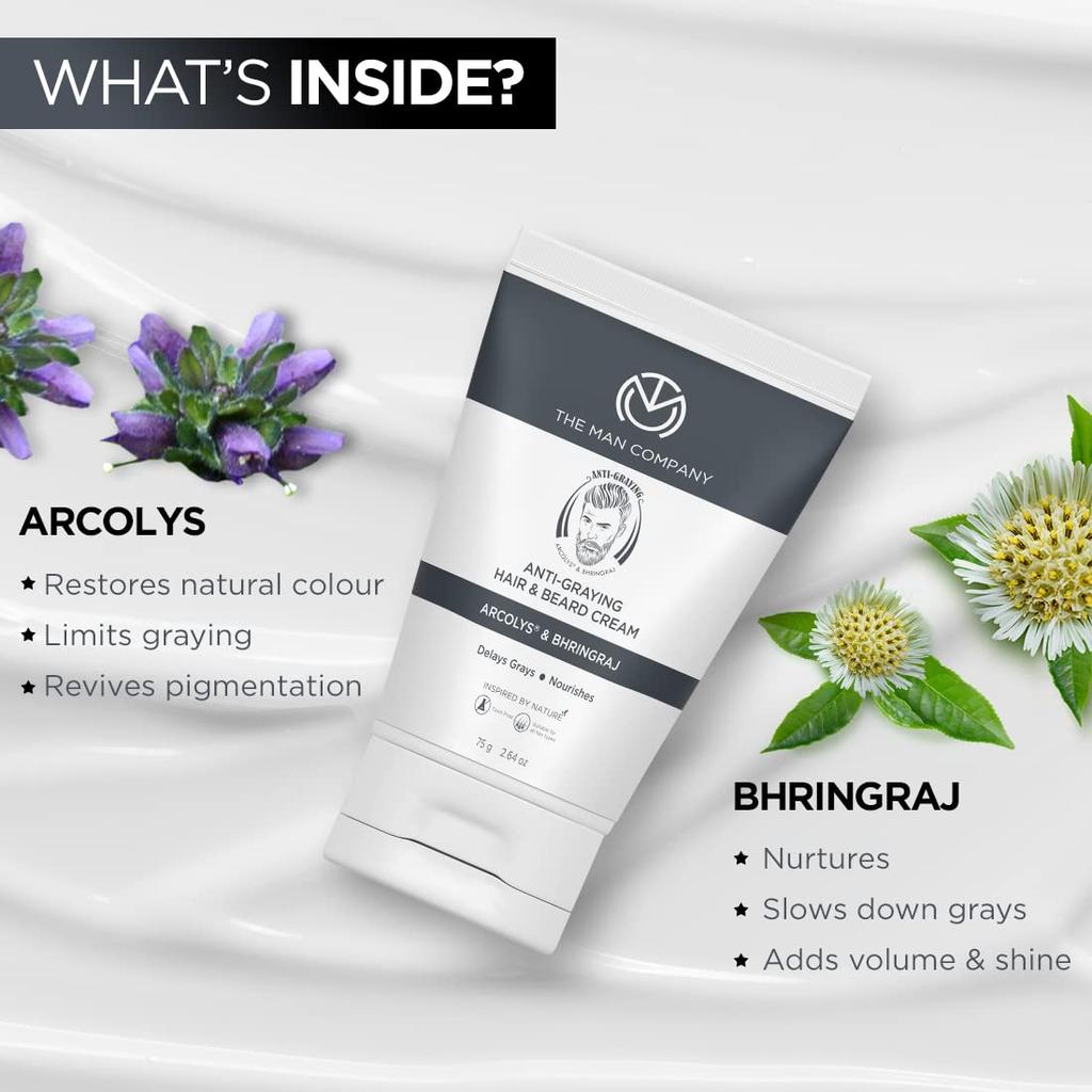 The Man Company Anti-Graying Hair & Beard Cream for Men, Delays Grays, Nourishes, Styles, Boosts Confidence, Toxin-Free, All Hair Types, 75Gm