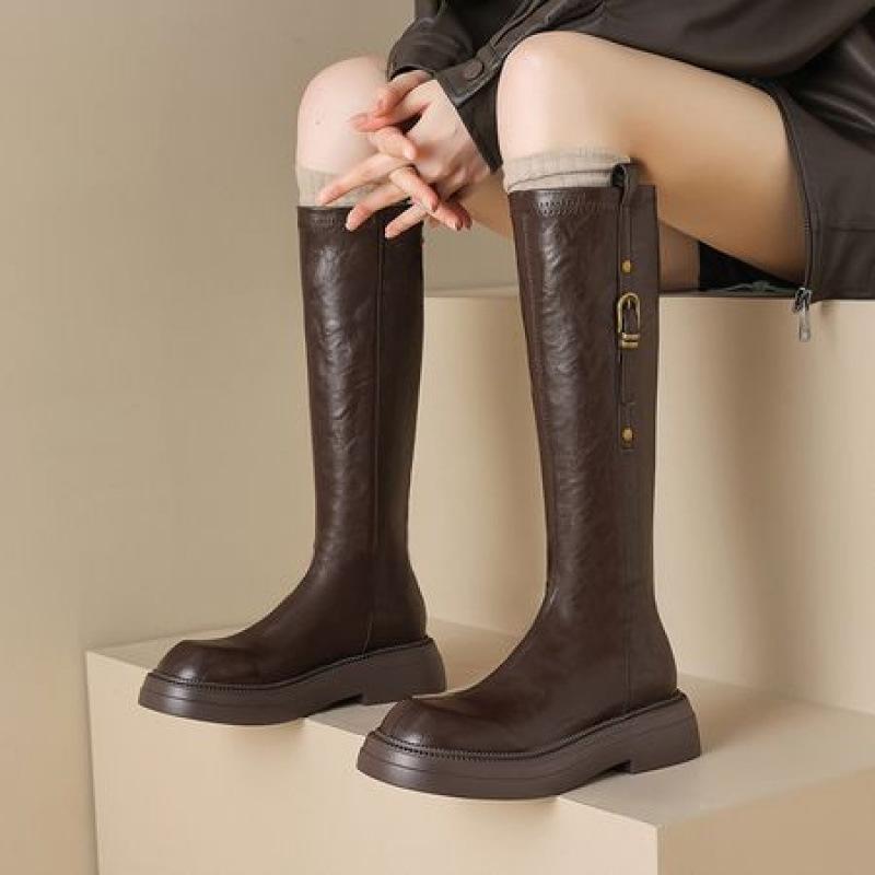 Korean version of the new round-headed high boots, thick-soled large-size women's boots, non-slip medium-heeled leather boots, square and autumn and
