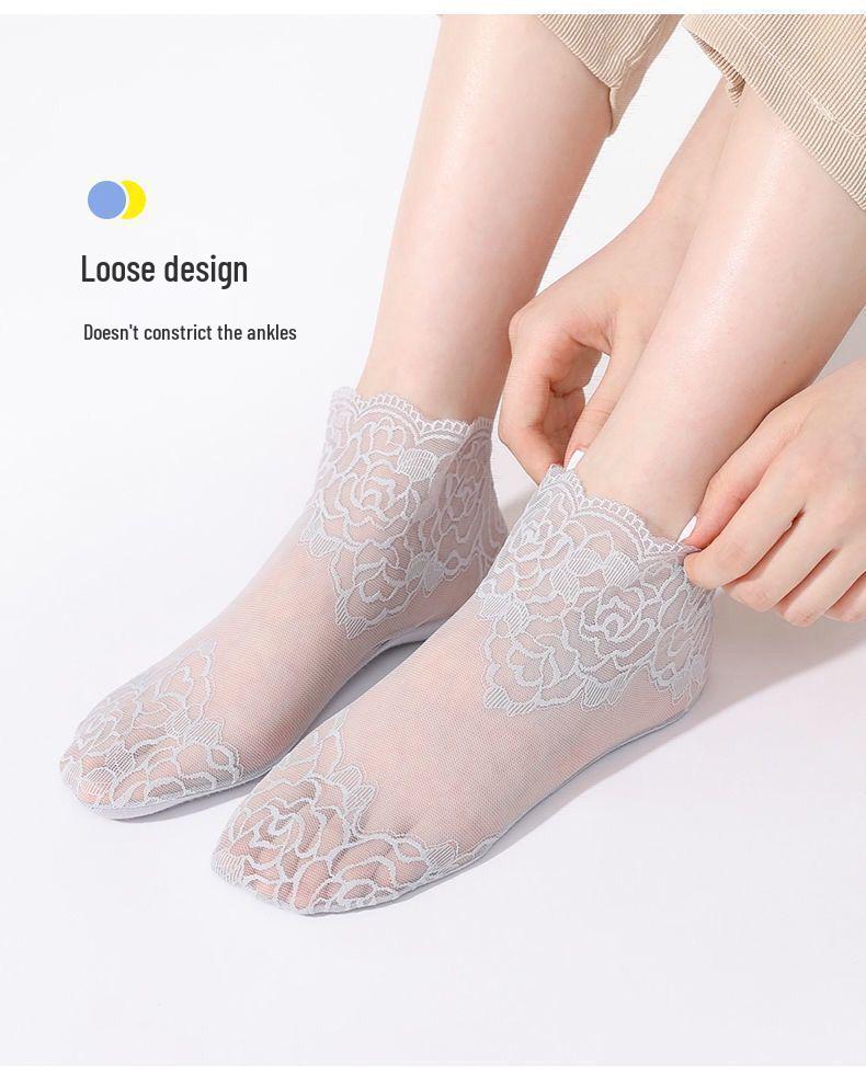 

Женские сетчатые носки до щиколотки с кружевной отделкой - Летние тонкие хлопковые носки-лодочки