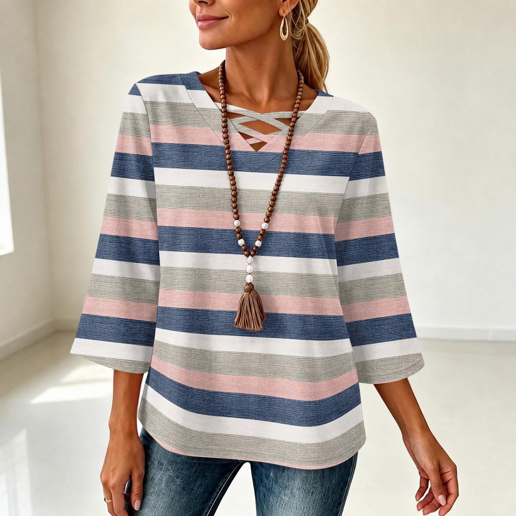 Damen V-Ausschnitt Dreiviertelarm Gestreift Locker Sitzendes T-Shirt