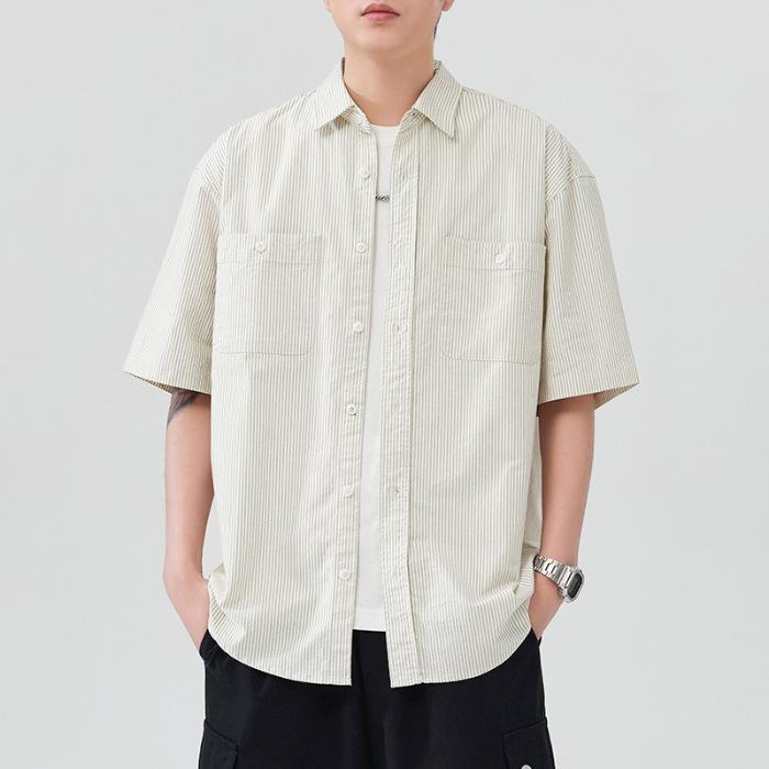 Summer Pure Cotton Striped Short-sleeved Shirt Men's Japanese Retro Loose American Trendy Shirt