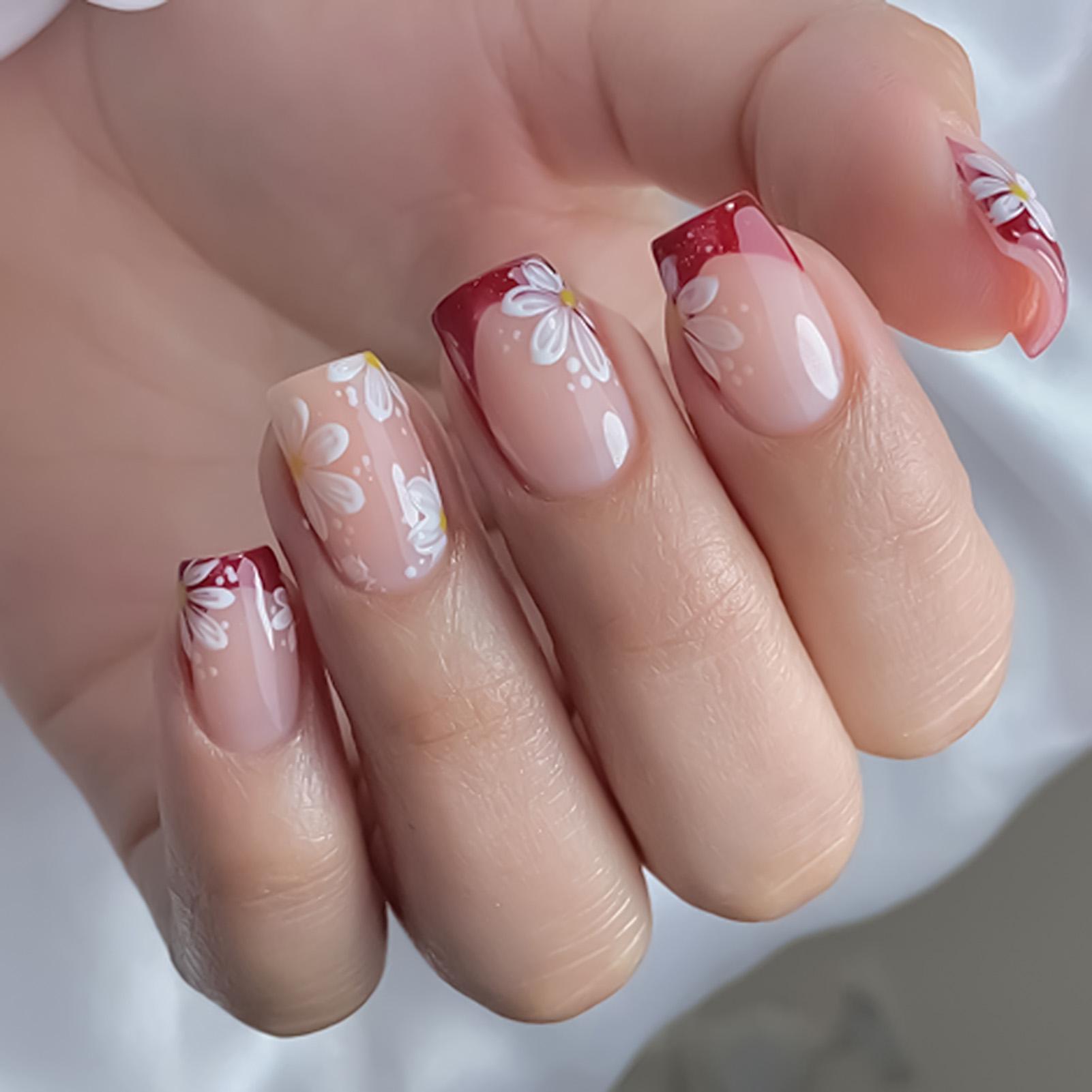 24Pcs French False Nails Ombre Glitter 3D Flower Fake Nails Wearable False Nails Spicy Girls Ballet Press on Nails Nail Tips