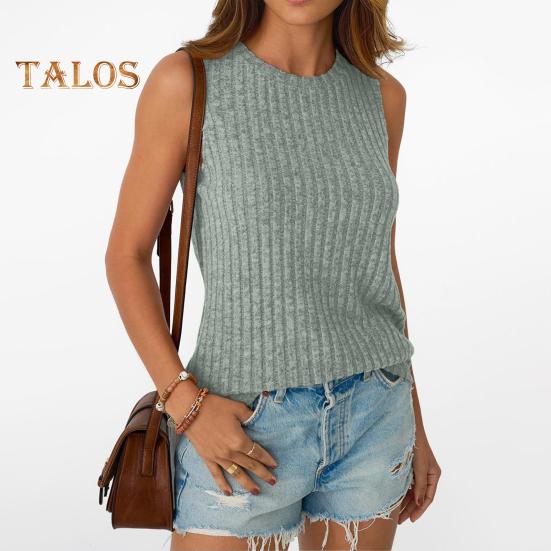 Women Tops Round Neck Sleeveless Slim Fit Knitted Tops Solid Color Elastic Ribbed Tank Tops Daily Wear