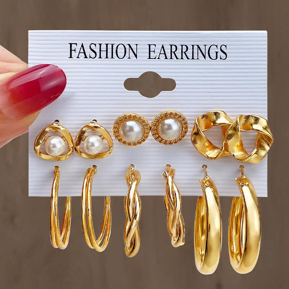 6Pairs Boho Big Circle Hoop Earring Set for Women, Gold Color Bohemia Vintage Pearl Earring Jewelry Gifts