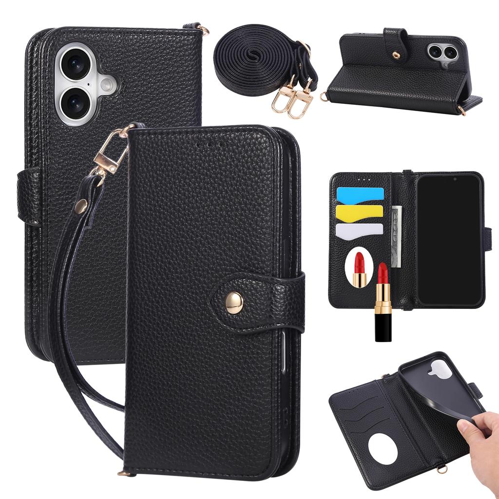Crossbody Strap Mirror Wallet with Card Holder Phone Case for IPhone 16E 16 15 14 Pro Max 13 12 11 7 8 Plus Leather Flip Cover