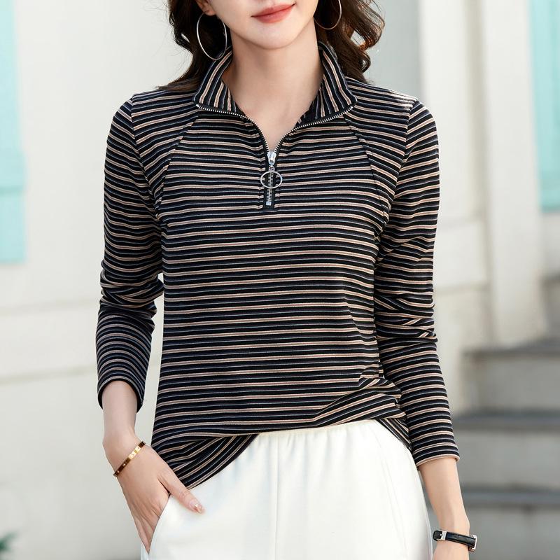 

Women s Striped Plush Mock Neck Half-Zip Long Sleeve T-Shirt M (95-105 jin)